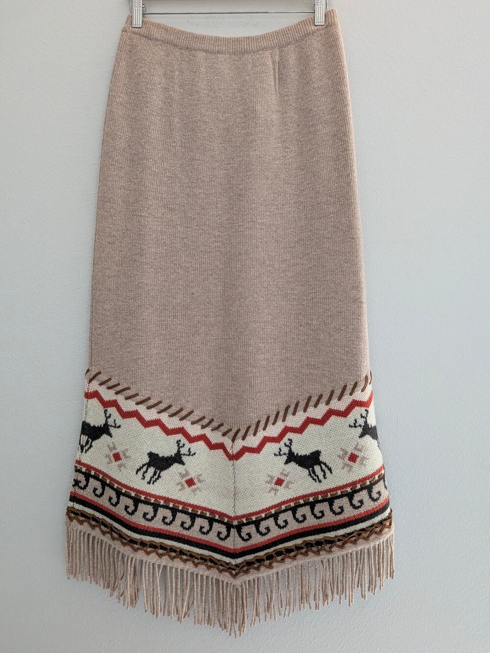 NWT Double D Ranch Lambs Wool Skirt Sz M Fringe Leather Trim Western Deer Rare